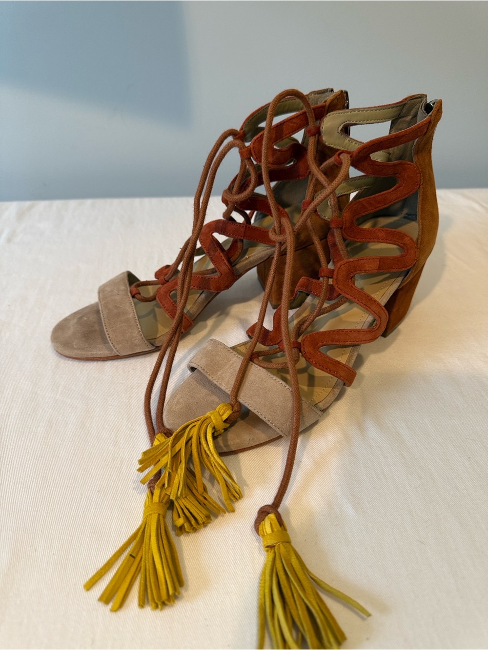 Marc Fisher Frayz Suede Lace-Up Block Heels in Rust, Taupe & Mustard Tassels